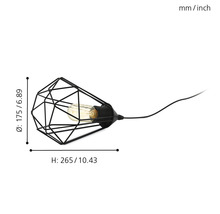 Hanglamp met zwart draadframe en gloeilamp, afmetingen weergegeven