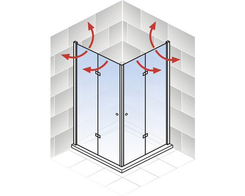 Hoekdouche met rode pijlmarkering voor bewegingsvrijheid
