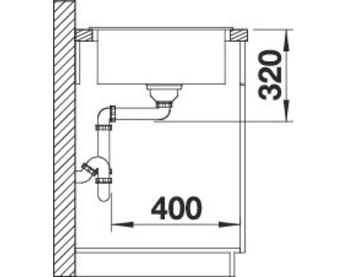 Schets van een gootsteen met afmetingen 320 en 400 millimeter.