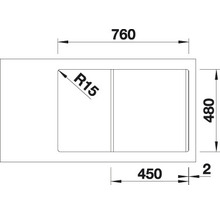 Schets van een spoelbak met afmetingen.