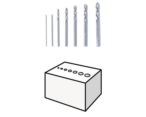 Set metalen boren met een weergave van verschillende boordiameters in een blok