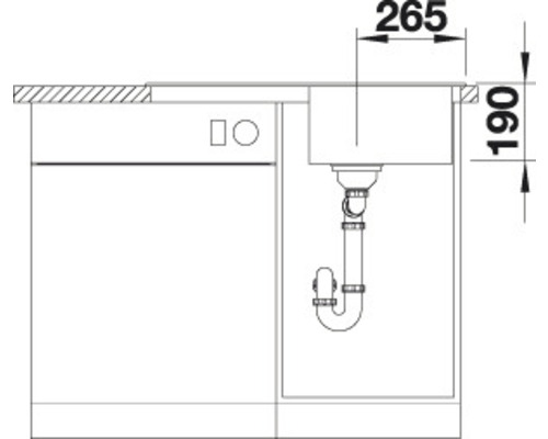 Technische tekening van een spoelbakonderkast met afmetingen