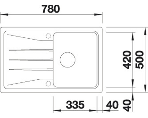 Tekening van een spoelbak met maatvoering.