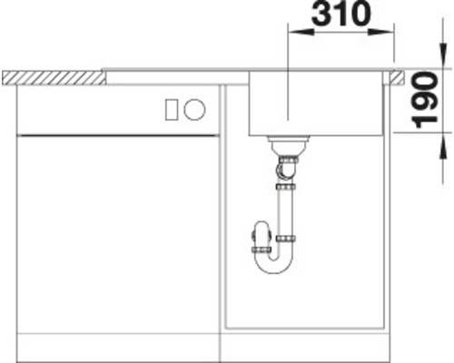 Technische tekening van een gootsteen met afmetingen van 310 bij 190 millimeter.