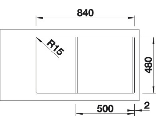 Afmetingen van een gootsteen: 840 x 480 mm