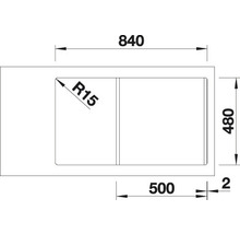Technische tekening van een spoelbak met de afmetingen 840, 480, 500 en radius 15