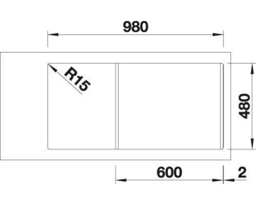 Technische tekening van een gootsteen met afmetingen