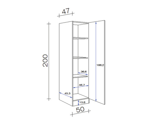 Technische tekening van een hoge kast met afmetingen