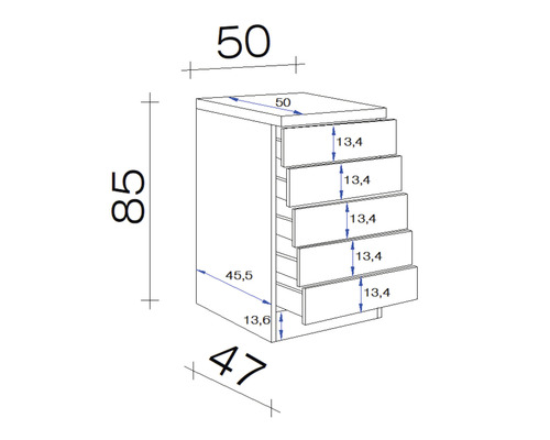 Technische tekening van een kast met vijf laden en maataanduidingen