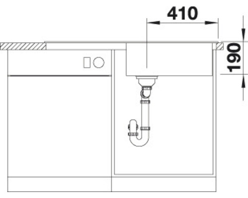 Technische tekening van een spoelbak met de afmetingen 410 bij 190 millimeter.
