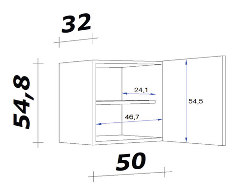 Technische tekening van een hangkast met afmetingen