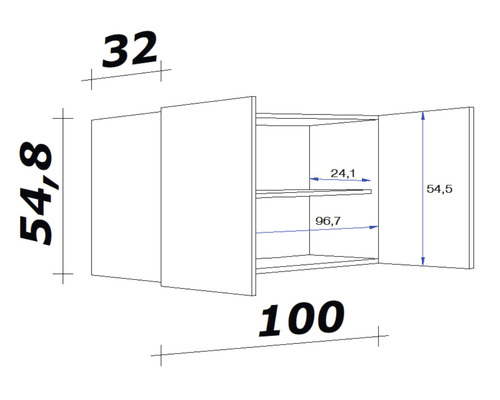 Tekening van een wandkast met afmetingen