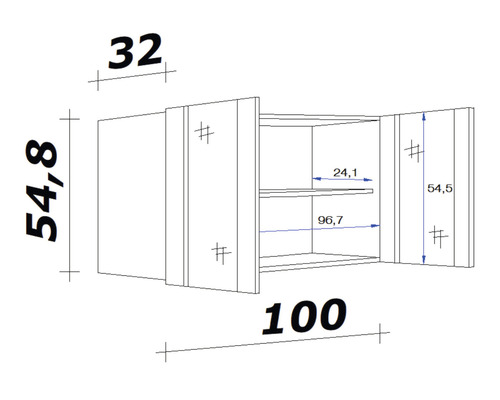Technische tekening van een wandkast met afmetingen