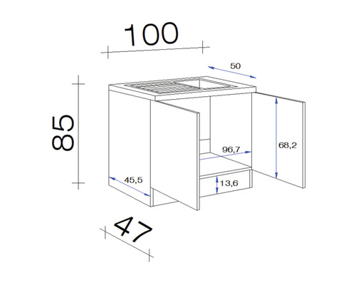 Technische tekening van een wastafelonderkast met maatvoering