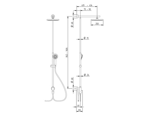 Technische tekening van een douchesysteem met afmetingen