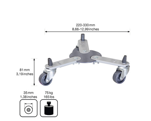 Universele standaard met wielen en technische tekening