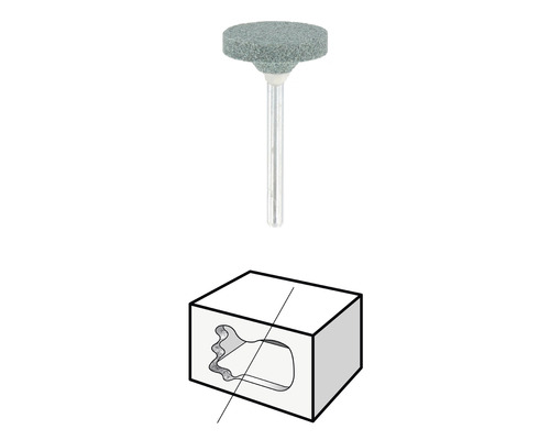 Slijpstift en schematische weergave van de toepassing