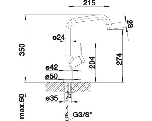 Technische tekening van een keukenkraan met afmetingen.
