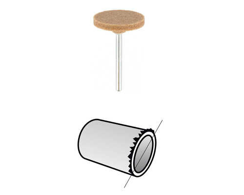 Viltpolijstschijf met schacht voor slijpgereedschap en grafische weergave van een buis