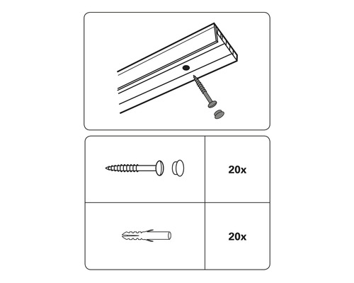 Illustratie van een gordijnroede met schroeven en pluggen, 20 stuks