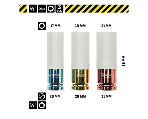 Driedelige set wielmoerdoppen van chroom-molybdeenstaal, maten 17, 19 en 21 millimeter, circa 85 millimeter lang