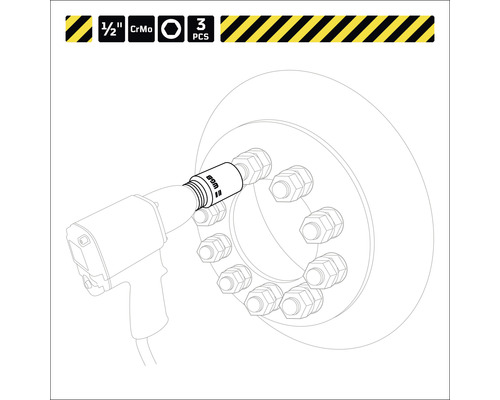 Illustratie van een slagschroevendraaier met een dopsleutelset voor het losdraaien van wielmoeren, 3-delig