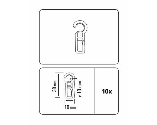 Verpakking van tien universele haken met afmetingen van 38 bij 10 millimeter