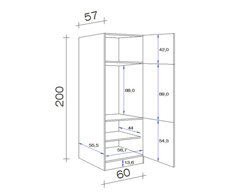 Technische tekening van een open kast met afmetingen.