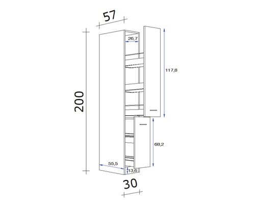 Technische tekening van een hoge kast met afmetingen