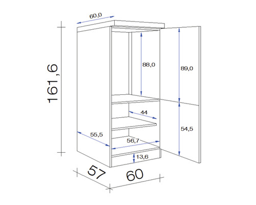 Technische tekening van een kast met afmetingen.