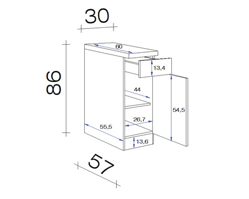 Technische tekening van een hangkast met lade en afmetingen