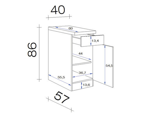 Technische tekening van een badkamerkast met afmetingen