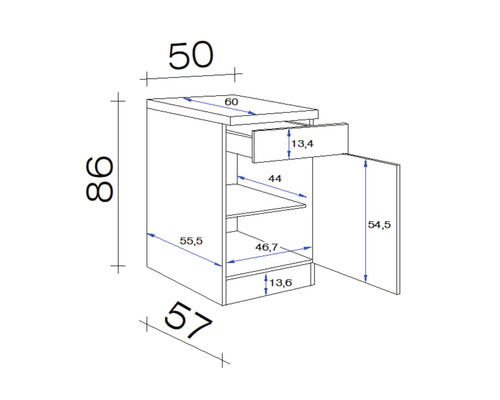 Technische tekening van een onderkast met lade en deur met afmetingen