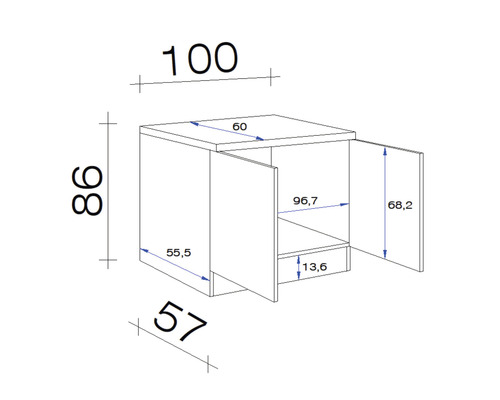 Technische tekening van een badkameronderkast met afmetingen
