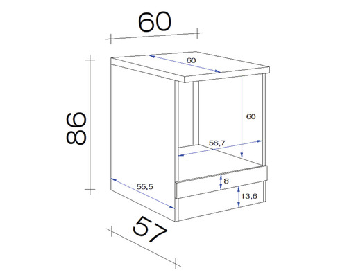 Technische tekening van een meubel met afmetingen