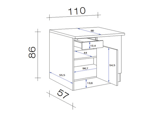 Maatschets van een onderkast met lade en deur