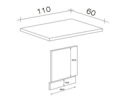 Technische tekening van een wastafel met de afmetingen 110 bij 60 centimeter voor het blad en 54,5 bij 60 centimeter voor het paneel.