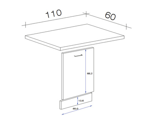 Technische tekening van een meubelstuk met afmetingen