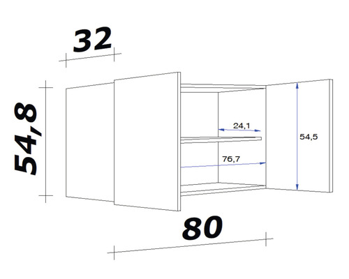 Technische tekening van een wandkast met afmetingen.
