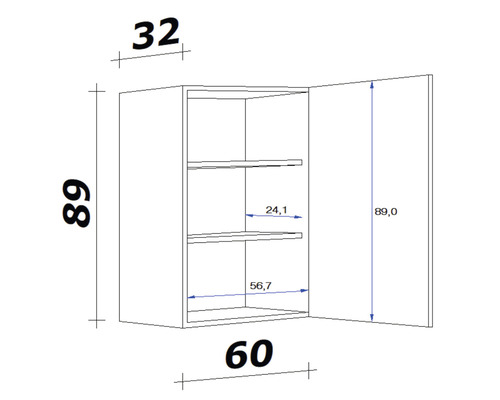 Technische tekening van een hangkast met maatvoering