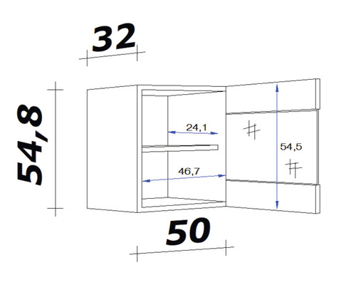Technische tekening van een hangkast met de afmetingen 32 x 54,8 x 50 cm.