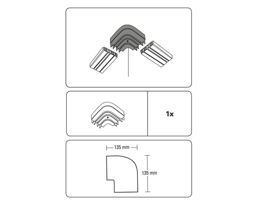 Illustratie van een kabelgoot hoekstuk met de afmetingen 135 bij 135 millimeter