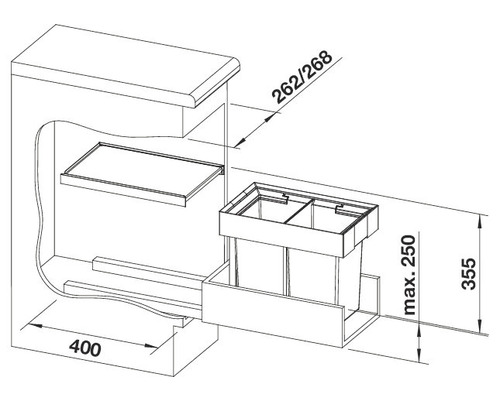 Technische tekening van een inbouw afvalemmersysteem met afmetingen