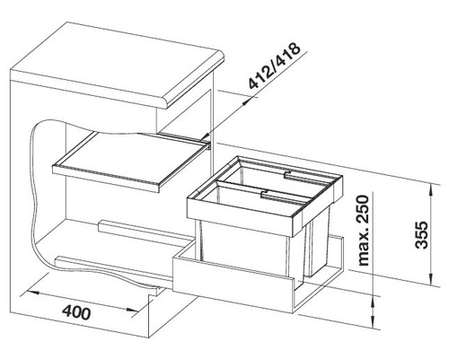 Schets van een afvalemmersysteem voor onderkasten met maatvoering