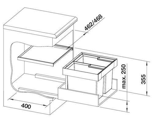 Technische tekening van een afvalbakkenkast met afmetingen