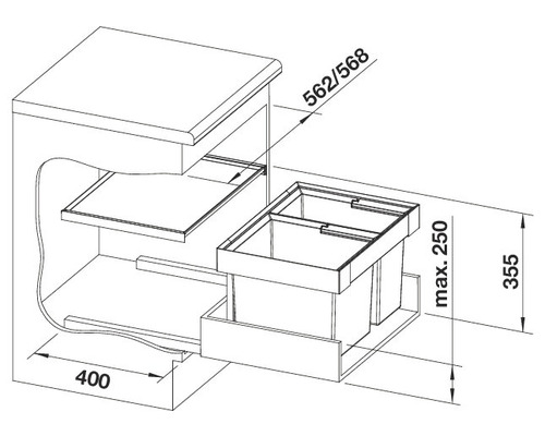 Technische tekening van een spoelbak met afmetingen