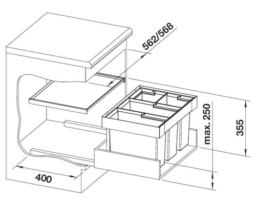 Technische tekening van een afvalemmer voor de onderkast met afmetingen