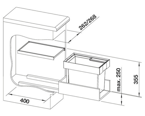Technische tekening van een spoelbakonderkast met afmetingen