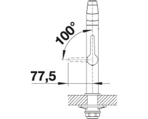 Technische tekening van een kraan met afmetingen 77,5 en 100 graden