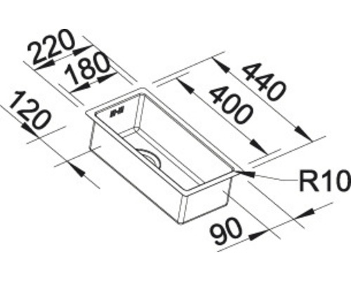 Technische tekening van een rechthoekige gootsteen met afmetingen.